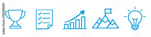 Set of blue line icons for success, planning, growth, and innovation including a trophy, checklist, bar chart, mountains, and lightbulb.