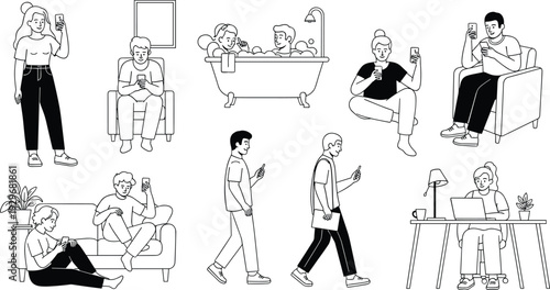 People using smartphones and laptops in daily life, line art vector illustrations of tech addiction and lifestyle