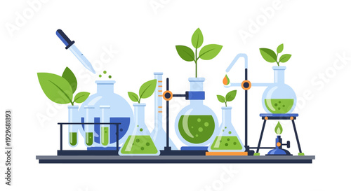 Green Biotechnology and Organic Chemistry Lab Setup with Plants and Glassware. Scientific Research for Sustainable Solutions. Flat Vector Illustration.