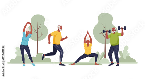 Active Senior Citizens Exercising Outdoors: Jogging, Stretching, Yoga, and Weightlifting for Healthy Living