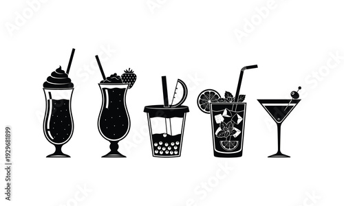 A collection of various black and white cocktail and beverage illustrations
