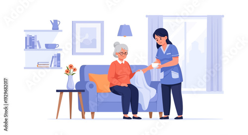 Compassionate Home Care Nurse Assisting Senior Woman with Blanket and Warm Drink - Elderly Healthcare and Support Illustration
