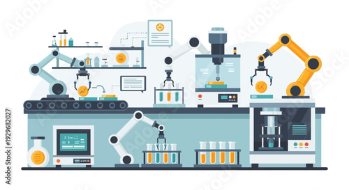 Robotic Automation in Science Laboratory: Advanced Lab Equipment, Robotic Arms, and Conveyor Belts for Precision Research, Medical Development, and Biotechnology.
