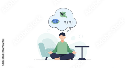 Man Meditating in Lotus Pose, Practicing Mindfulness for Inner Peace, Thinking of Time and Serenity - Flat Design Illustration