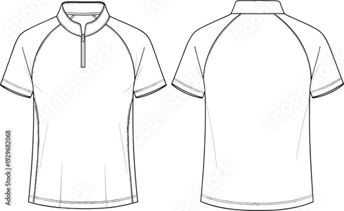 Technical flat sketch of a quarter-zip polo shirt, front and back view, apparel design vector template
