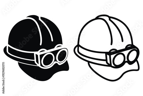 PPE protective gear eye protection Black and white line of a miners helmet with attached goggles front and outline views