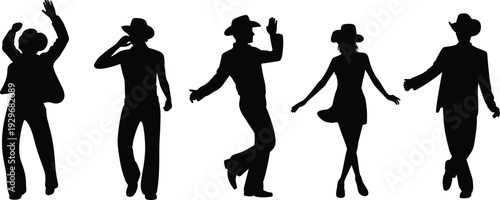 Country dancers silhouettes in cowboy hats performing western line dance moves isolated on white background