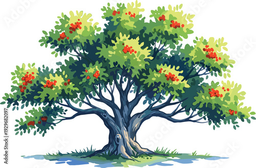 Large green tree with red berries and thick trunk in a grassy area