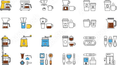 Various Coffee Brewing Methods and Equipment Illustrated in Flat