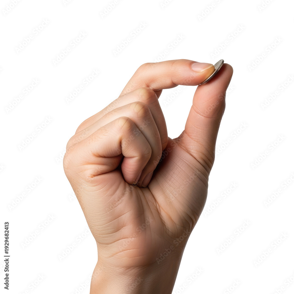 Fototapeta premium Human hand holding a small silver coin between thumb and index finger isolated on a transparent background