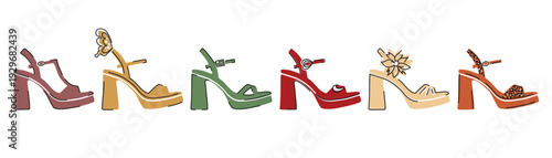 High heels sandals, women footwear vector collection. Colorful strappy heels design, platform sandals set.
