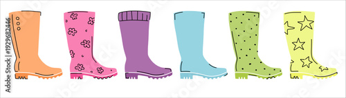 Rubber boots vector set. Hand drawn colorful wellies footwear shoes design.