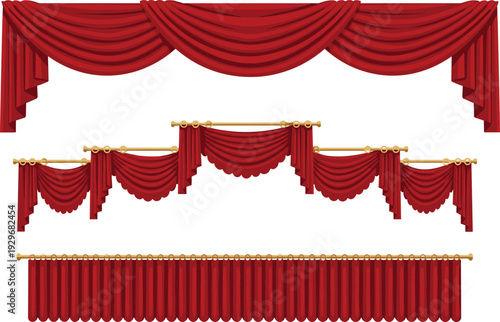 Red luxury theater curtains, velvet stage valance and drapes set, royal opera border vector illustration