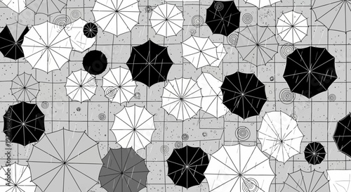 Overhead View Umbrella Pattern with Raindrops on Grey Background, monochrome weather design