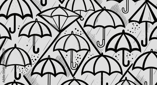 Seamless Pattern of Open Umbrellas with Raindrops, depicting gloomy rainy weather