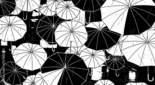 Seamless Pattern of Umbrellas in Black and White, Rainy Weather Background