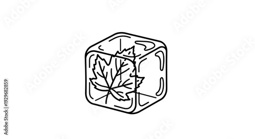 Ice Cube with Maple Leaf Inside Icon, representing cold autumn weather or Canadian themes, isolated white background