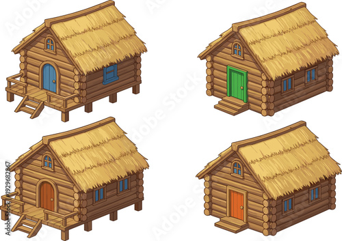 Isometric log cabin cottage house set with thatched roof and wooden deck cad drawing flat vector illustration