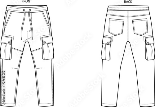 Mens cargo pants technical fashion sketch front and back view cad drawing flat vector illustration