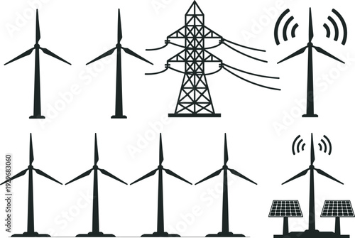 energy, turbine, wind, solar, electricity, power, silhouette, green, sustainable, renewable, technology, infrastructure, ecological, generator, environment,
