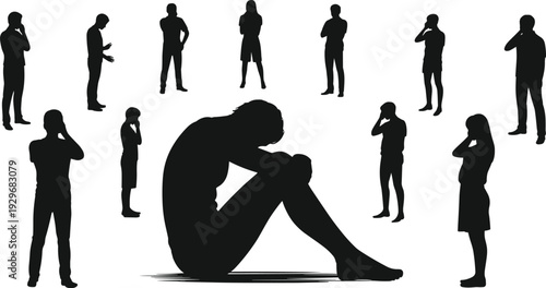 Depressed person silhouette surrounded by people figures, mental health awareness concept vector illustration for stress, anxiety and social isolation theme