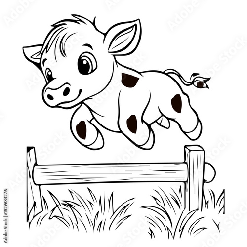 A cute cartoon illustration of a Cow Baby with a bone designed as a black vector symbol for a farm animal character drawing