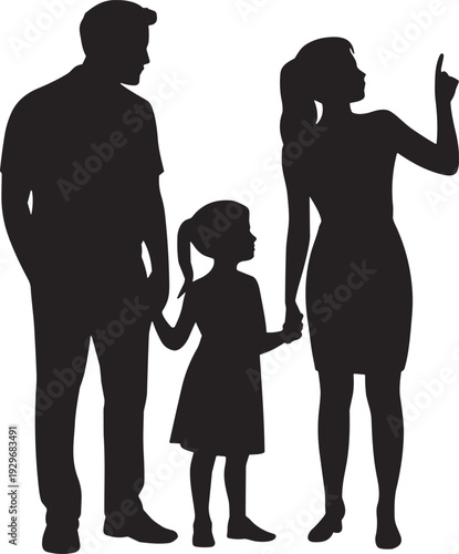 Silhouette of family with father mother and daughter holding hands, parents showing direction to child, happy family life, together concept.