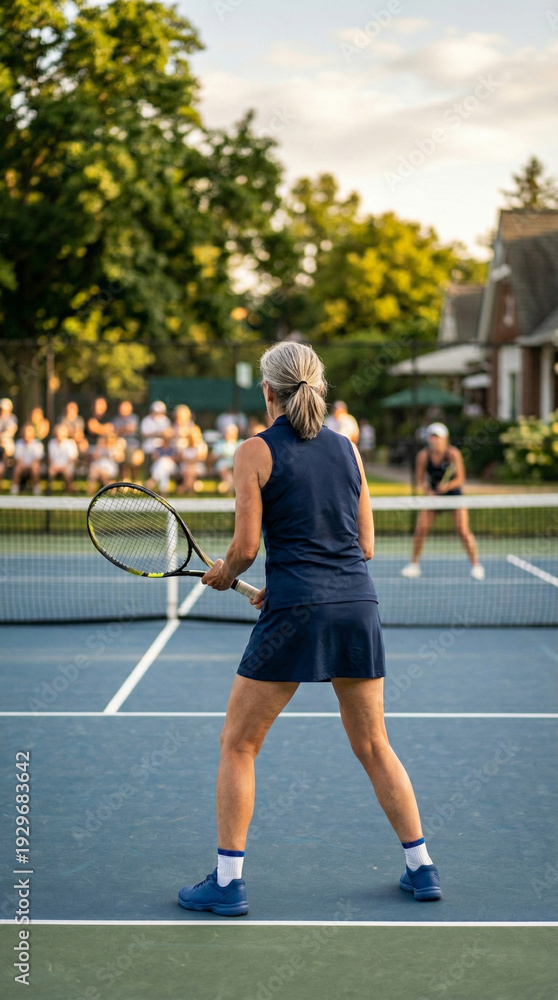 Obraz premium Rear view of active senior woman playing tennis on outdoor court - focused senior athlete during match at tennis club