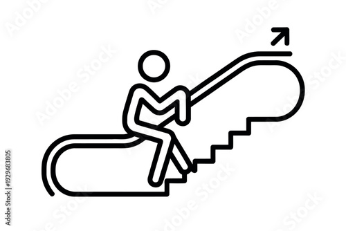 Simple Line Drawing of Person Riding Up Escalator with Arrow Indicator
