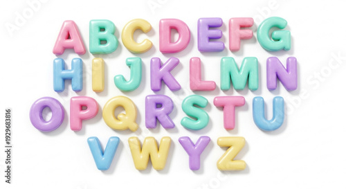 Colorful alphabet letters in pastel shades arranged in rows on white background for learning and education