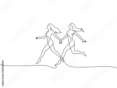 Minimalist Line Art of Two Women Running Together in Continuous Motion