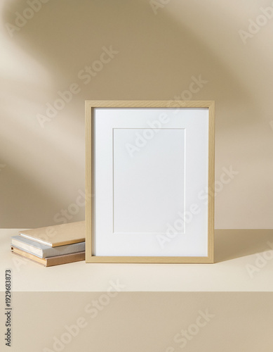 A 5x7 wooden frame with a light natural wood finish sits on a neutral beige background