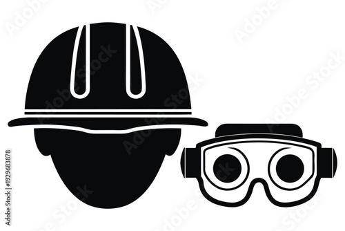 PPE protective gear eye protection Black and white of a hard hat and protective goggles isolated on white background