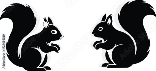 Silhouette of two squirrels sitting and facing each other, forest wildlife animals, rodent nature collection, cute squirrel duo icons.