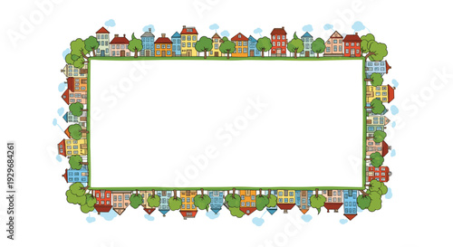 Rectangular frame is uniquely constructed from many small colorful houses, green trees, and blue clouds.