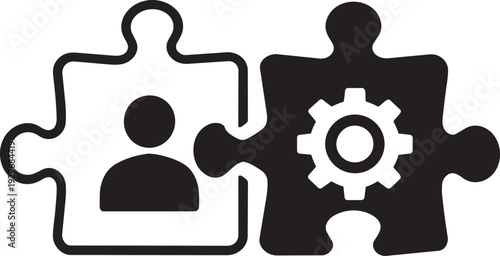Human Resources and Process Integration Icon with Interlocking Person and Gear Puzzle Pieces; Team Collaboration Solution.