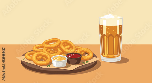 Plate of golden fried onion rings is served with two dipping sauces and a tall glass of cold beer on a table.