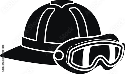 PPE protective gear eye protection Black and white of a miners helmet with attached safety goggles