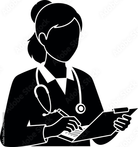 Female Doctor Silhouette Writing on Clipboard - Professional Medical Healthcare Worker Icon