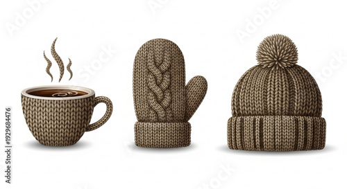 Warm winter accessories and steaming hot beverage on white background cozy knitwear set with hat mittens and cup of coffee or tea perfect for cold weather
