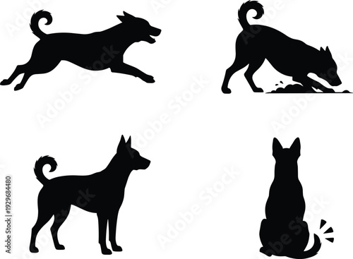 Silhouette set of dogs in various poses, active puppy running and digging, standing and sitting pet silhouettes, canine animal collection.
