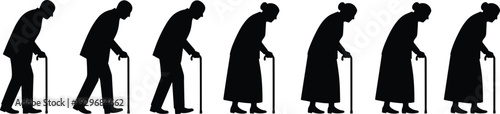 Silhouette set of elderly man and woman walking with cane, senior people age concept, retirement lifestyle, grandmother and grandfather walking.