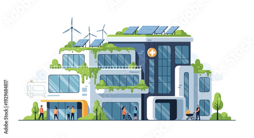 Sustainable Modern Hospital Building with Green Roof, Solar Panels, Wind Turbines, and People - Eco-Friendly Healthcare Architecture Illustration