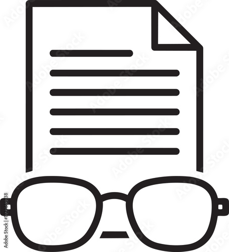 Simple icon of a document with lines of text next to eyeglasses, representing reading, research, study, or analysis of written material.