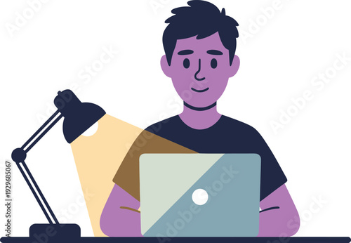 Person with short dark hair using a laptop on a desk with a black desk lamp dark skin black t-shirt