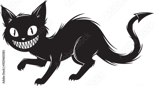 Cute but creepy shadow cat with glowing eyes and sharp smile, cartoon horror style, bold ink outlines, black and white vector illustration