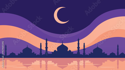 Stylized illustration of a mosque silhouette at night with a crescent moon and wavy sky reflecting in water, depicting an Islamic celebration.