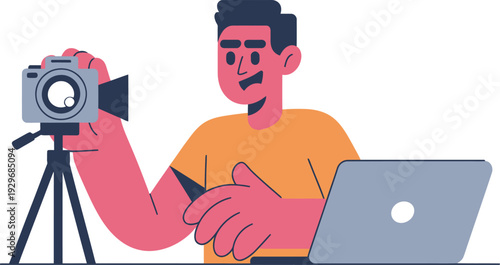 Person with red arm holding camera on tripod and using laptop