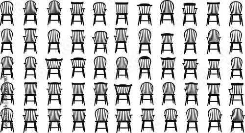 Large collection of classic wooden chair silhouettes with spindle back designs cad drawing flat vector illustration
