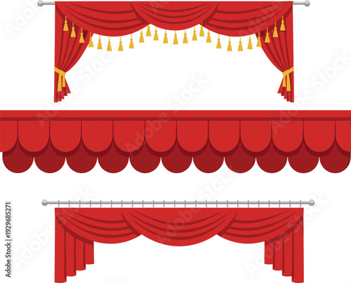 Classic red theater curtains and luxury stage valances with gold tassels cad drawing flat vector illustration